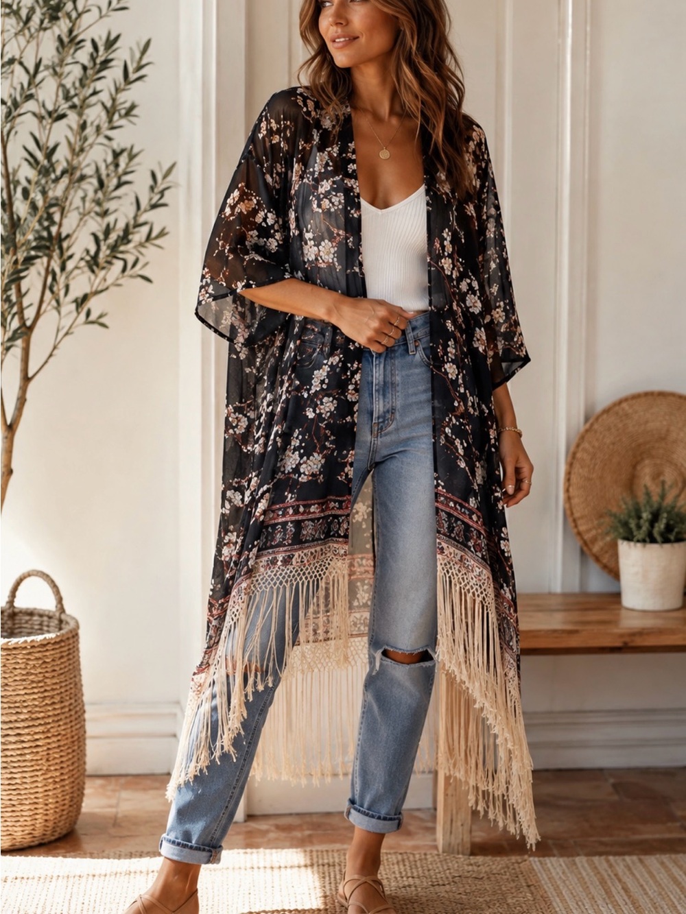 001 Source Unknown Black Floral Fringe Kimono